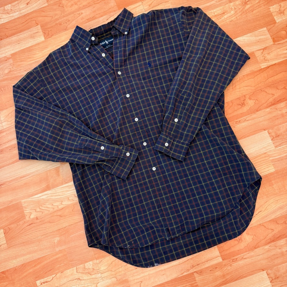 Ralph Lauren Blake Mens Large Plaid Button Down Shirt Navy Blue Two-Ply Cotton